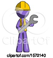Poster, Art Print Of Purple Construction Worker Contractor Man Holding Large Wrench With Both Hands
