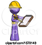 Poster, Art Print Of Purple Construction Worker Contractor Man Using Clipboard And Pencil