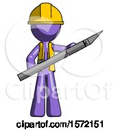 Poster, Art Print Of Purple Construction Worker Contractor Man Holding Large Scalpel