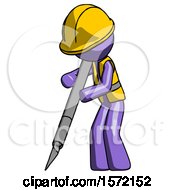 Poster, Art Print Of Purple Construction Worker Contractor Man Cutting With Large Scalpel