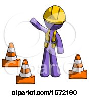 Poster, Art Print Of Purple Construction Worker Contractor Man Standing By Traffic Cones Waving
