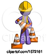 Poster, Art Print Of Purple Construction Worker Contractor Man Holding A Traffic Cone