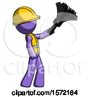 Poster, Art Print Of Purple Construction Worker Contractor Man Dusting With Feather Duster Upwards