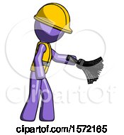 Poster, Art Print Of Purple Construction Worker Contractor Man Dusting With Feather Duster Downwards
