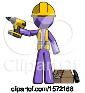 Poster, Art Print Of Purple Construction Worker Contractor Man Holding Drill Ready To Work Toolchest And Tools To Right
