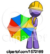 Poster, Art Print Of Purple Construction Worker Contractor Man Holding Rainbow Umbrella Out To Viewer