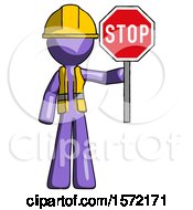 Poster, Art Print Of Purple Construction Worker Contractor Man Holding Stop Sign