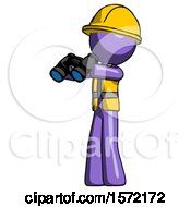 Purple Construction Worker Contractor Man Holding Binoculars Ready To Look Left