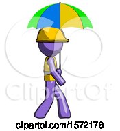 Poster, Art Print Of Purple Construction Worker Contractor Man Walking With Colored Umbrella