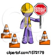 Poster, Art Print Of Purple Construction Worker Contractor Man Holding Stop Sign By Traffic Cones Under Construction Concept