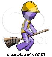 Poster, Art Print Of Purple Construction Worker Contractor Man Flying On Broom