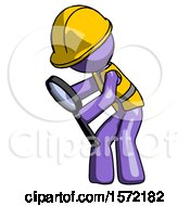 Poster, Art Print Of Purple Construction Worker Contractor Man Inspecting With Large Magnifying Glass Left