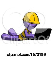 Poster, Art Print Of Purple Construction Worker Contractor Man Using Laptop Computer While Lying On Floor Side Angled View