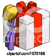 Poster, Art Print Of Purple Construction Worker Contractor Man Leaning On Gift With Red Bow Angle View