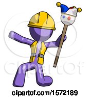 Poster, Art Print Of Purple Construction Worker Contractor Man Holding Jester Staff Posing Charismatically