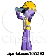 Poster, Art Print Of Purple Construction Worker Contractor Man Looking Through Binoculars To The Left