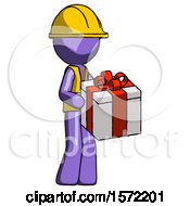 Poster, Art Print Of Purple Construction Worker Contractor Man Giving A Present