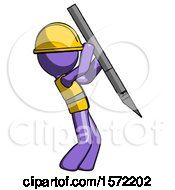 Poster, Art Print Of Purple Construction Worker Contractor Man Stabbing Or Cutting With Scalpel