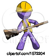 Poster, Art Print Of Purple Construction Worker Contractor Man Broom Fighter Defense Pose