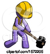 Poster, Art Print Of Purple Construction Worker Contractor Man Hitting With Sledgehammer Or Smashing Something At Angle