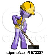 Poster, Art Print Of Purple Construction Worker Contractor Man Cleaning Services Janitor Sweeping Side View