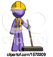 Purple Construction Worker Contractor Man Standing With Industrial Broom