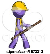 Poster, Art Print Of Purple Construction Worker Contractor Man Holding Bo Staff In Sideways Defense Pose