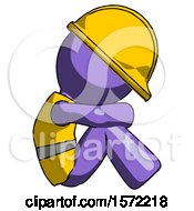 Poster, Art Print Of Purple Construction Worker Contractor Man Sitting With Head Down Facing Sideways Right