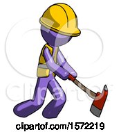 Poster, Art Print Of Purple Construction Worker Contractor Man Striking With A Red Firefighters Ax