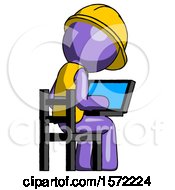 Poster, Art Print Of Purple Construction Worker Contractor Man Using Laptop Computer While Sitting In Chair View From Back