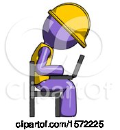 Purple Construction Worker Contractor Man Using Laptop Computer While Sitting In Chair View From Side