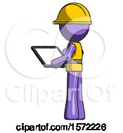 Poster, Art Print Of Purple Construction Worker Contractor Man Looking At Tablet Device Computer With Back To Viewer