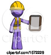 Poster, Art Print Of Purple Construction Worker Contractor Man Showing Clipboard To Viewer