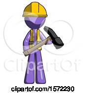 Poster, Art Print Of Purple Construction Worker Contractor Man Holding Hammer Ready To Work