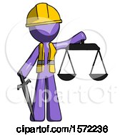 Poster, Art Print Of Purple Construction Worker Contractor Man Justice Concept With Scales And Sword Justicia Derived