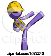 Poster, Art Print Of Purple Construction Worker Contractor Man Ninja Kick Right