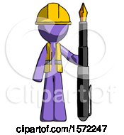 Poster, Art Print Of Purple Construction Worker Contractor Man Holding Giant Calligraphy Pen