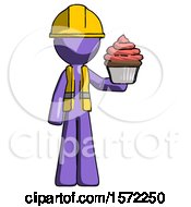 Poster, Art Print Of Purple Construction Worker Contractor Man Presenting Pink Cupcake To Viewer