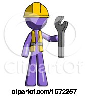Purple Construction Worker Contractor Man Holding Wrench Ready To Repair Or Work