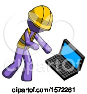 Purple Construction Worker Contractor Man Throwing Laptop Computer In Frustration