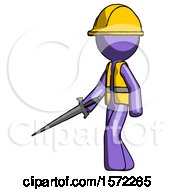 Poster, Art Print Of Purple Construction Worker Contractor Man With Sword Walking Confidently