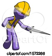 Poster, Art Print Of Purple Construction Worker Contractor Man Sword Pose Stabbing Or Jabbing