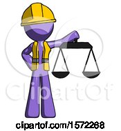 Poster, Art Print Of Purple Construction Worker Contractor Man Holding Scales Of Justice