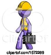 Poster, Art Print Of Purple Construction Worker Contractor Man Walking With Briefcase To The Left
