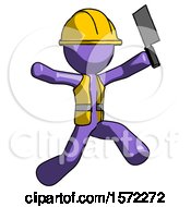 Poster, Art Print Of Purple Construction Worker Contractor Man Psycho Running With Meat Cleaver