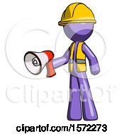 Poster, Art Print Of Purple Construction Worker Contractor Man Holding Megaphone Bullhorn Facing Right