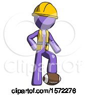 Poster, Art Print Of Purple Construction Worker Contractor Man Standing With Foot On Football