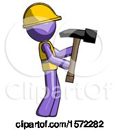 Poster, Art Print Of Purple Construction Worker Contractor Man Hammering Something On The Right