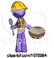 Poster, Art Print Of Purple Construction Worker Contractor Man With Empty Bowl And Spoon Ready To Make Something