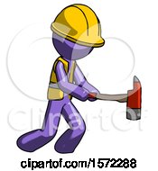 Poster, Art Print Of Purple Construction Worker Contractor Man With Ax Hitting Striking Or Chopping